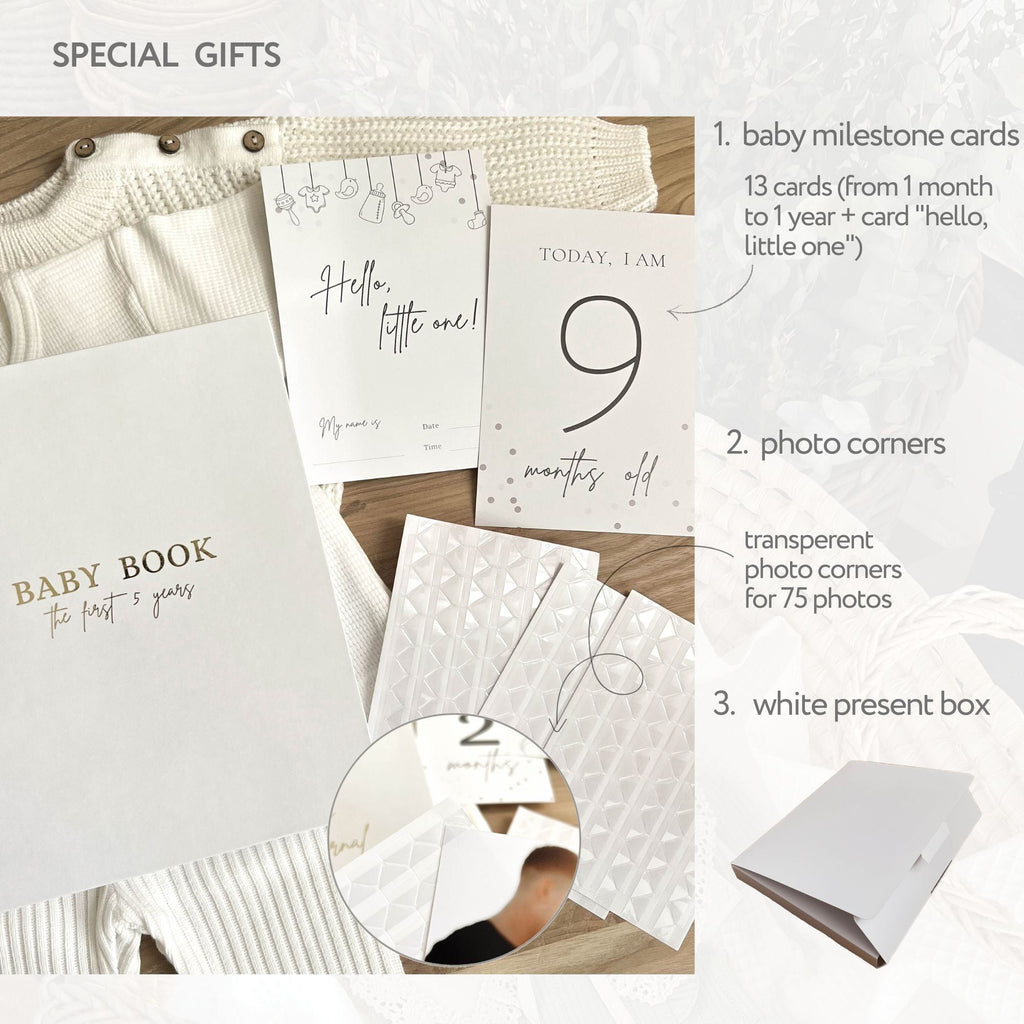 Inside pages of baby keepsake book with yearly birthday celebration memory spread