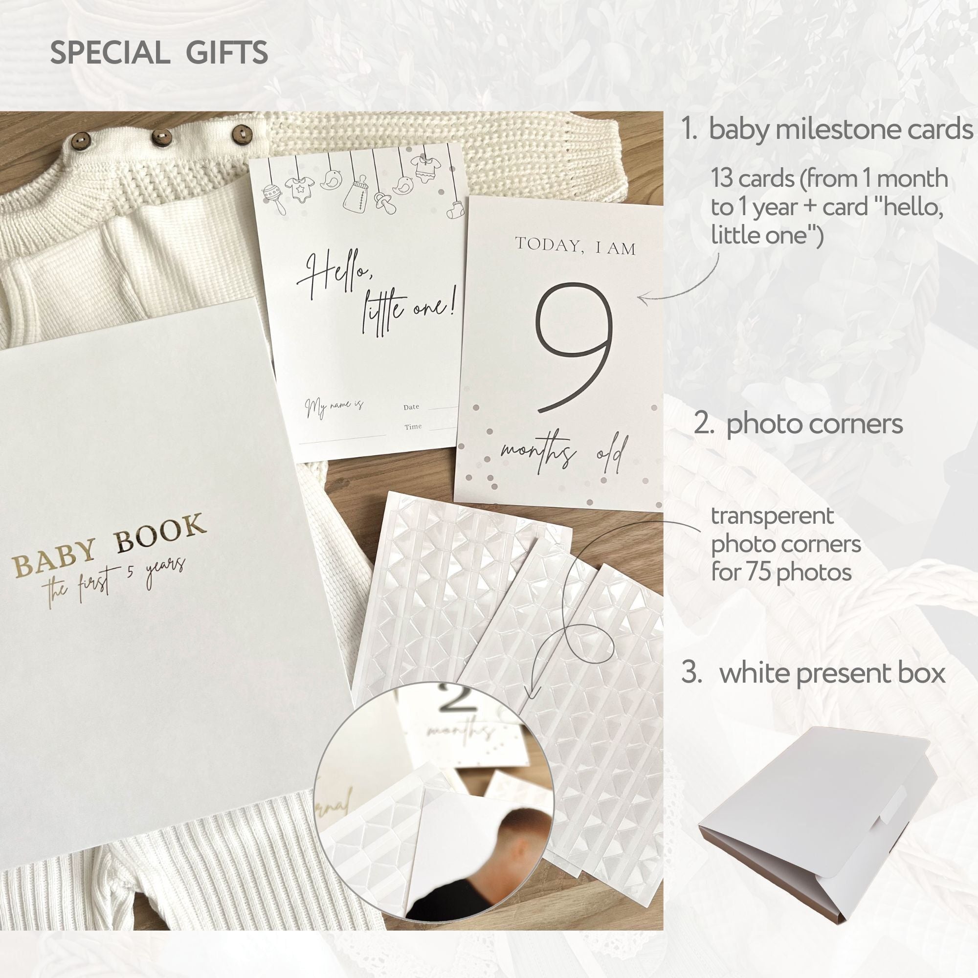 Inside pages of baby keepsake book with yearly birthday celebration memory spread