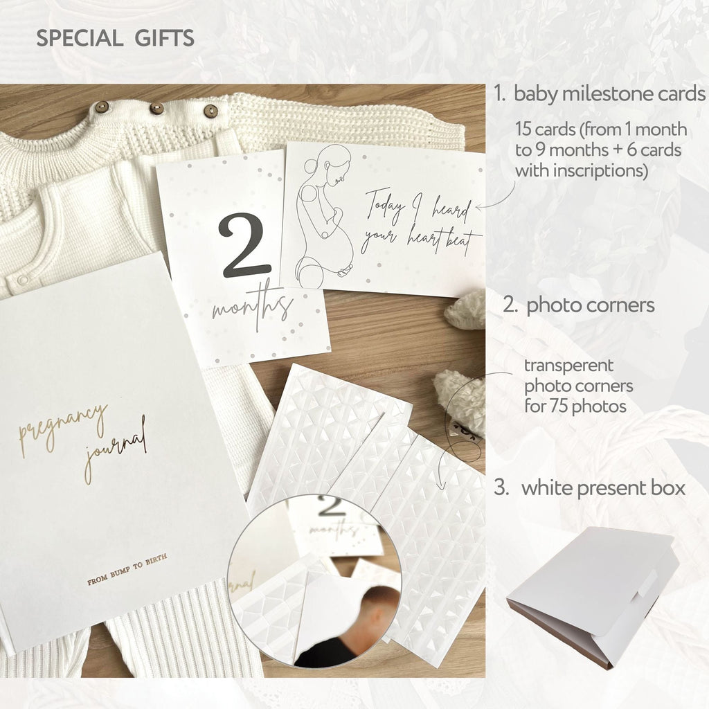 Inside pages of pregnancy keepsake book with baby name ideas brainstorm layout