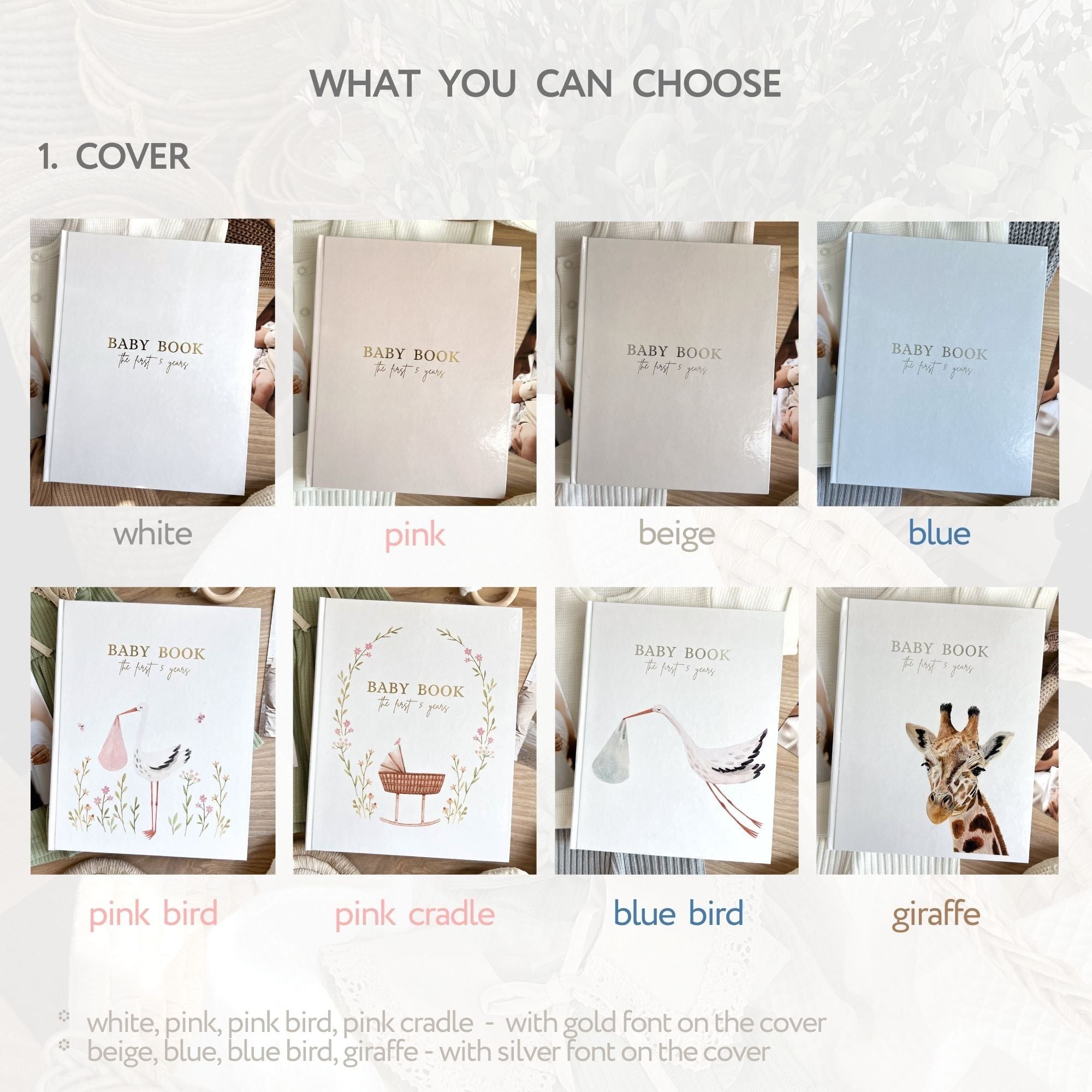 Interior pages of baby record book with developmental milestones tracking layout