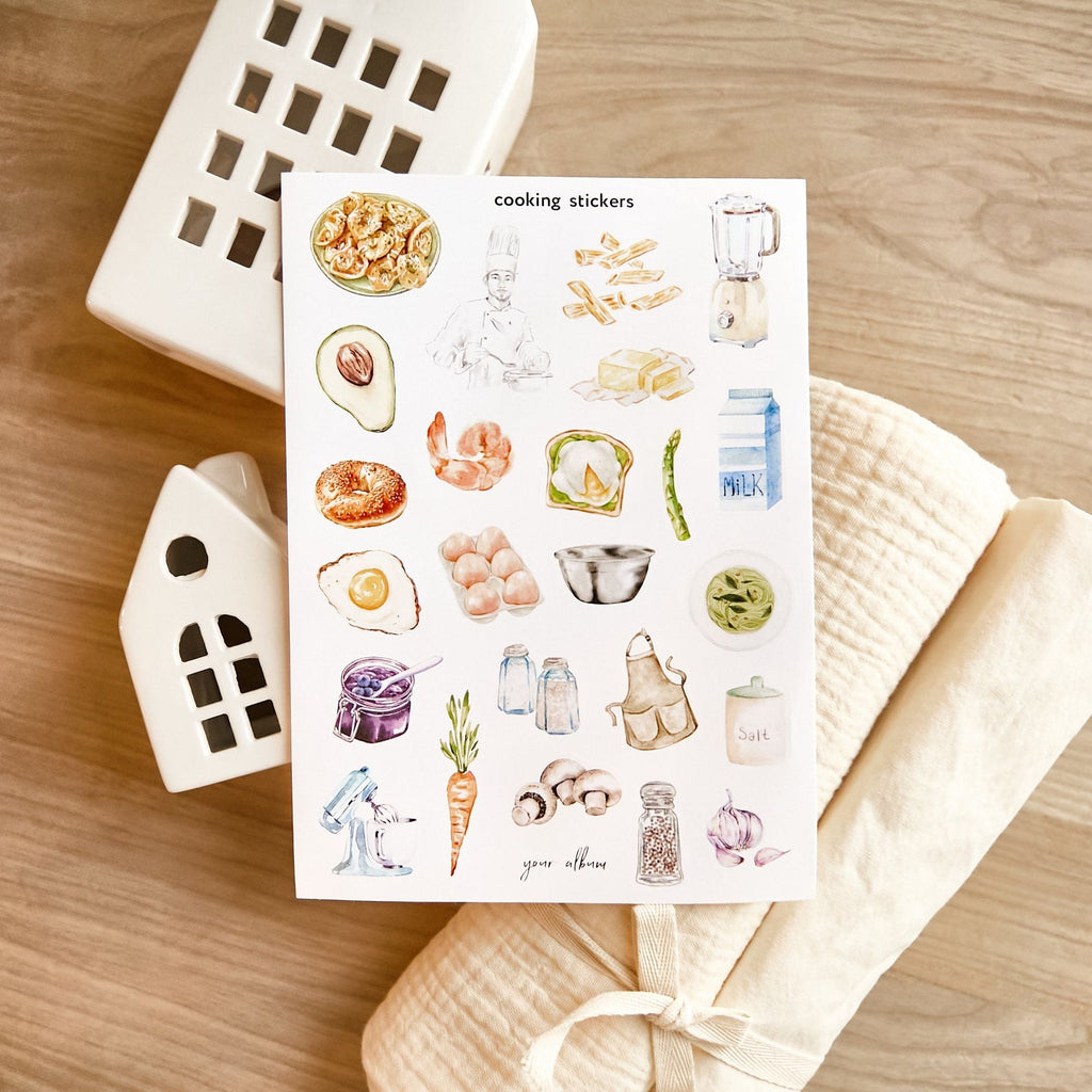 Kitchen sticker sheet with utensil icons and ingredient label designs