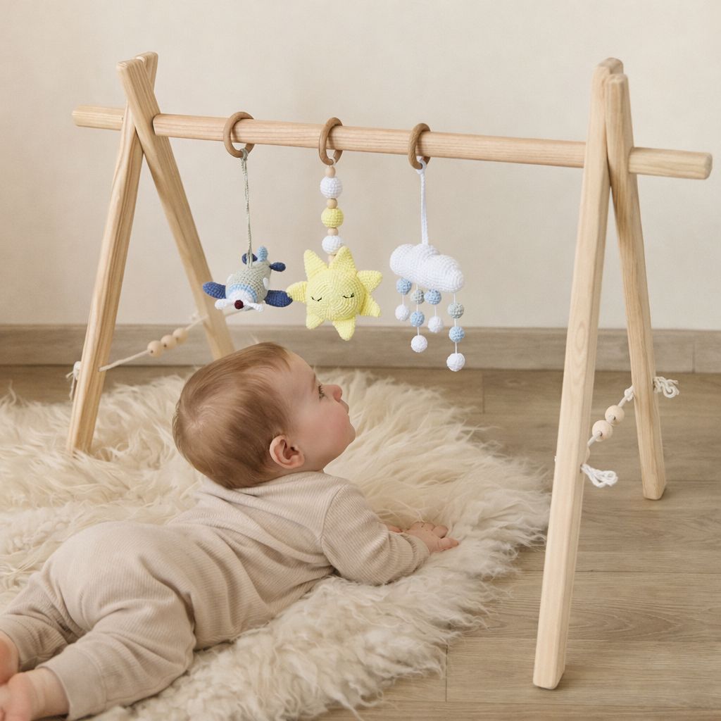 Montessori baby play gym in modern nursery with botanical decor lifestyle render