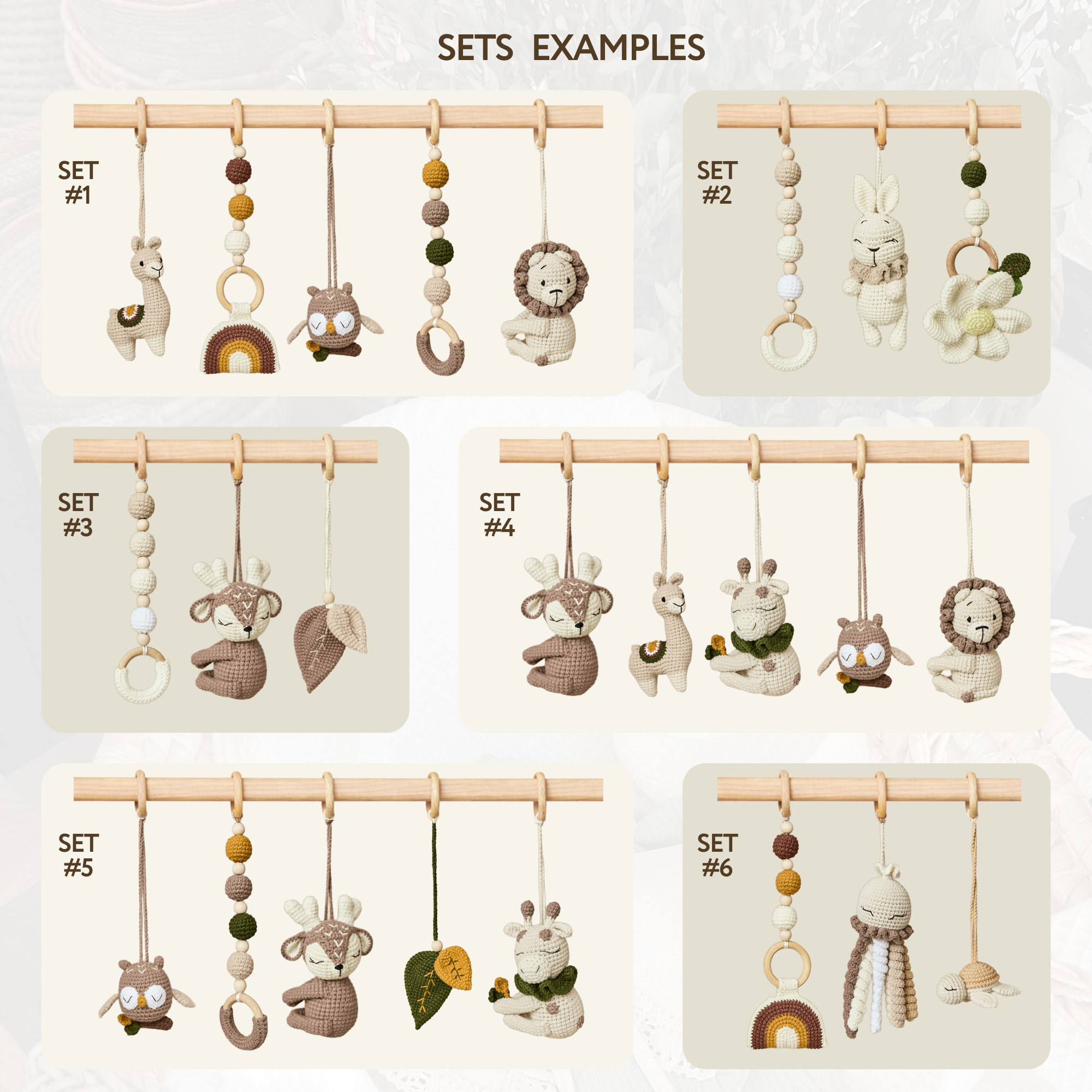 Montessori wooden gym variant with colorful hanging sensory toy selection