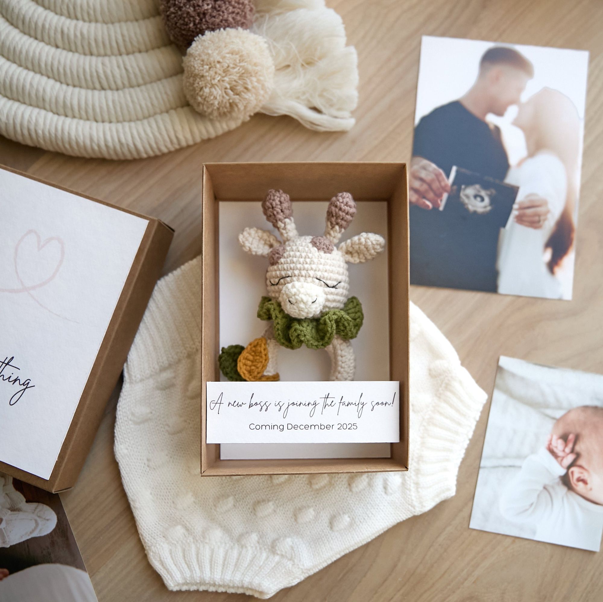 Personalized pregnancy announcement box with crochet giraffe toy — surprise reveal gift