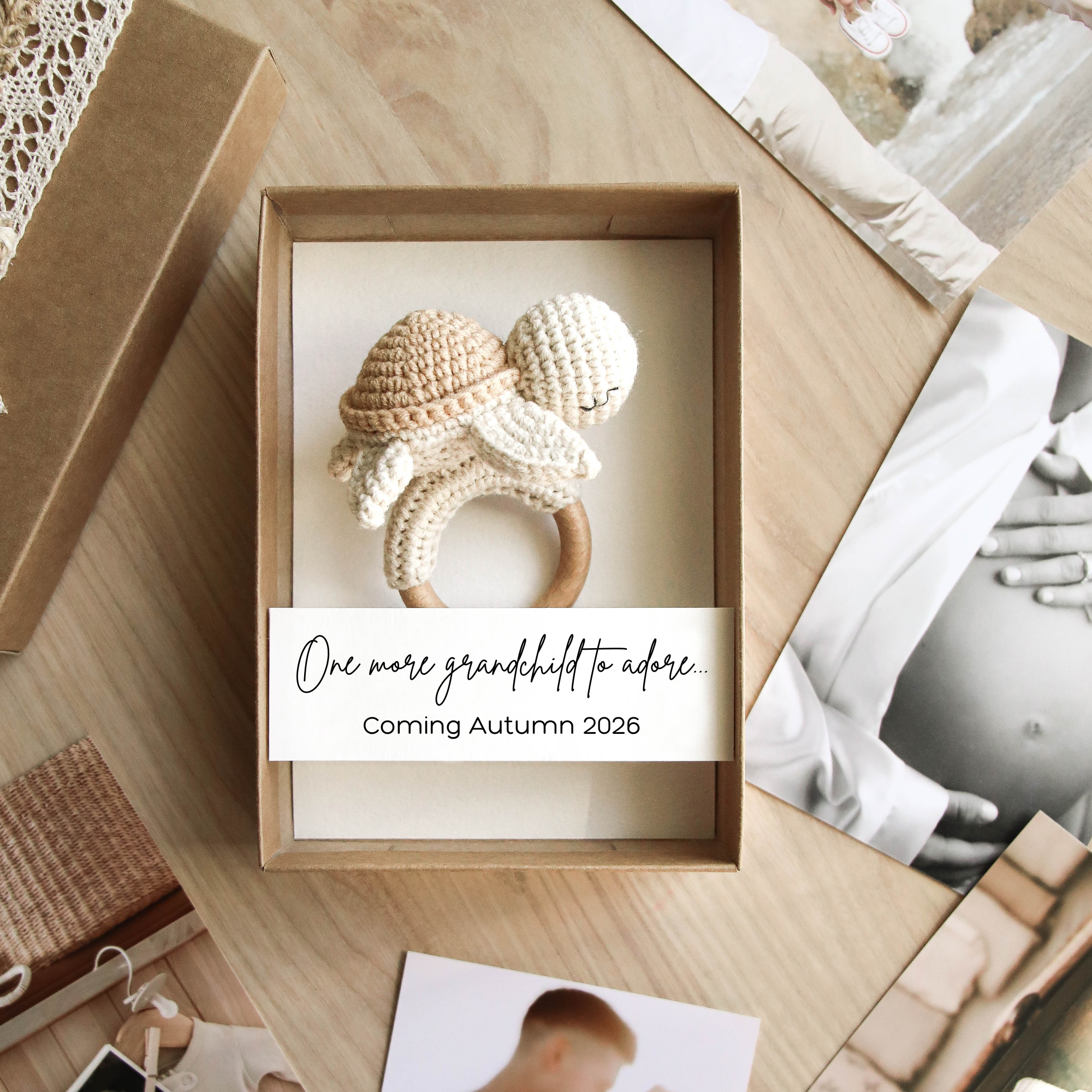 Pregnancy announcement box with crochet turtle toy — we are expecting keepsake