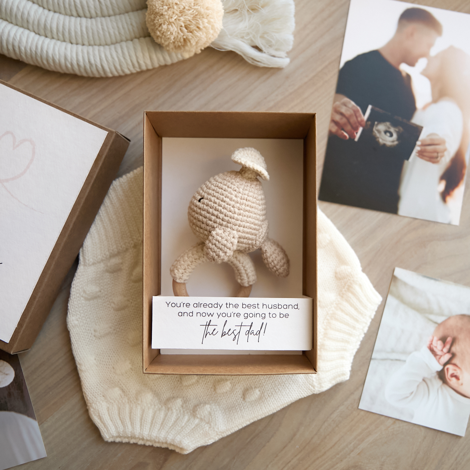 Pregnancy announcement box with crochet whale toy — grandparents reveal surprise