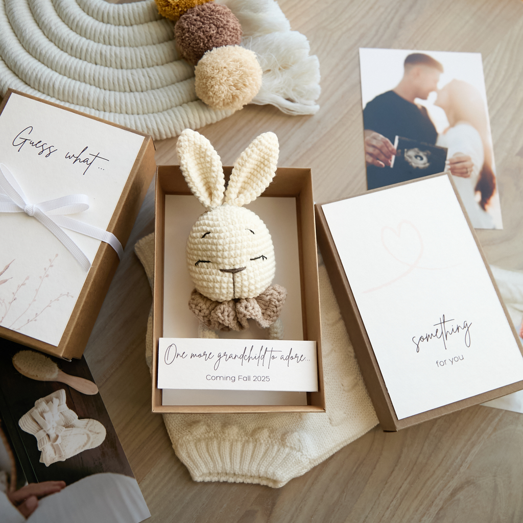 Pregnancy announcement gift box with crochet bunny — personalized baby reveal