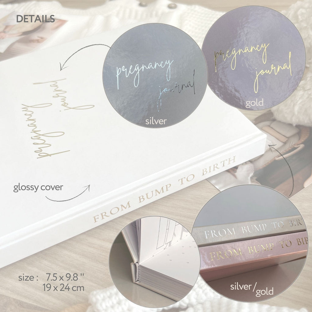 Pregnancy book inside spread with trimester milestone tracking journal pages