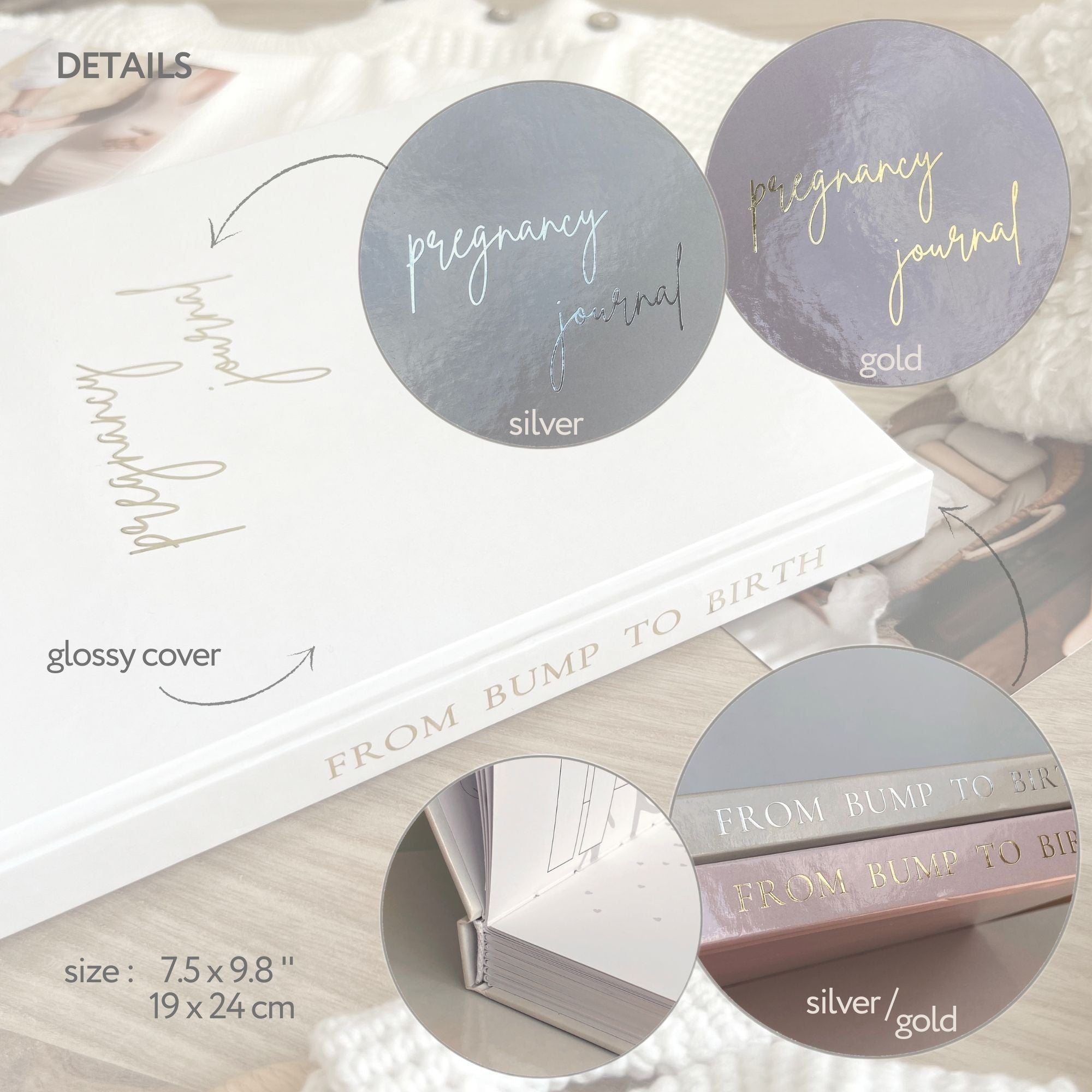 Pregnancy book inside spread with trimester milestone tracking journal pages