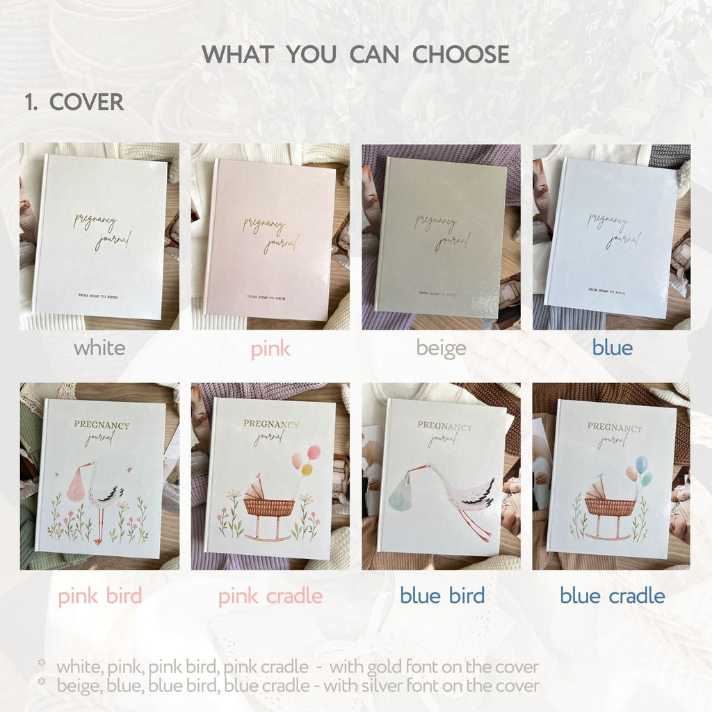 Pregnancy diary interior pages featuring baby shower planning and gift list