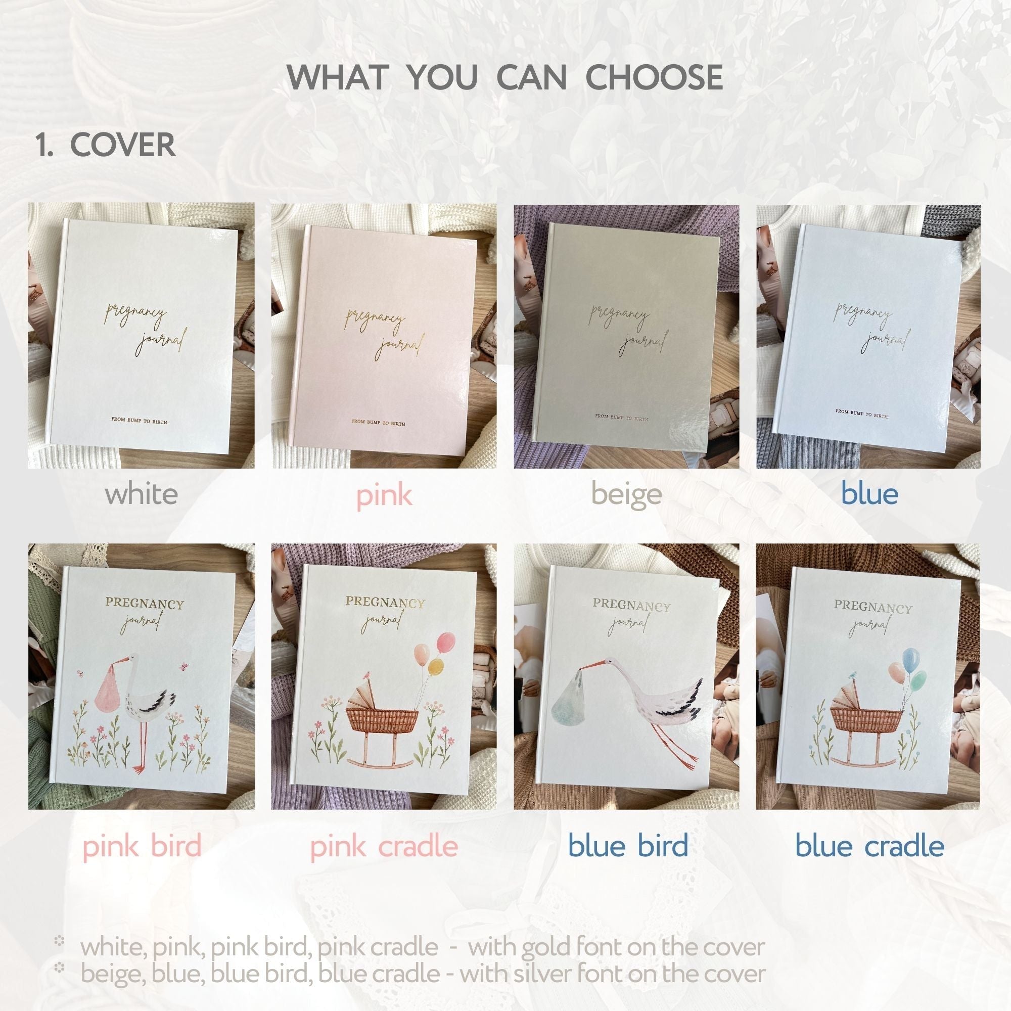 Pregnancy diary interior pages featuring baby shower planning and gift list