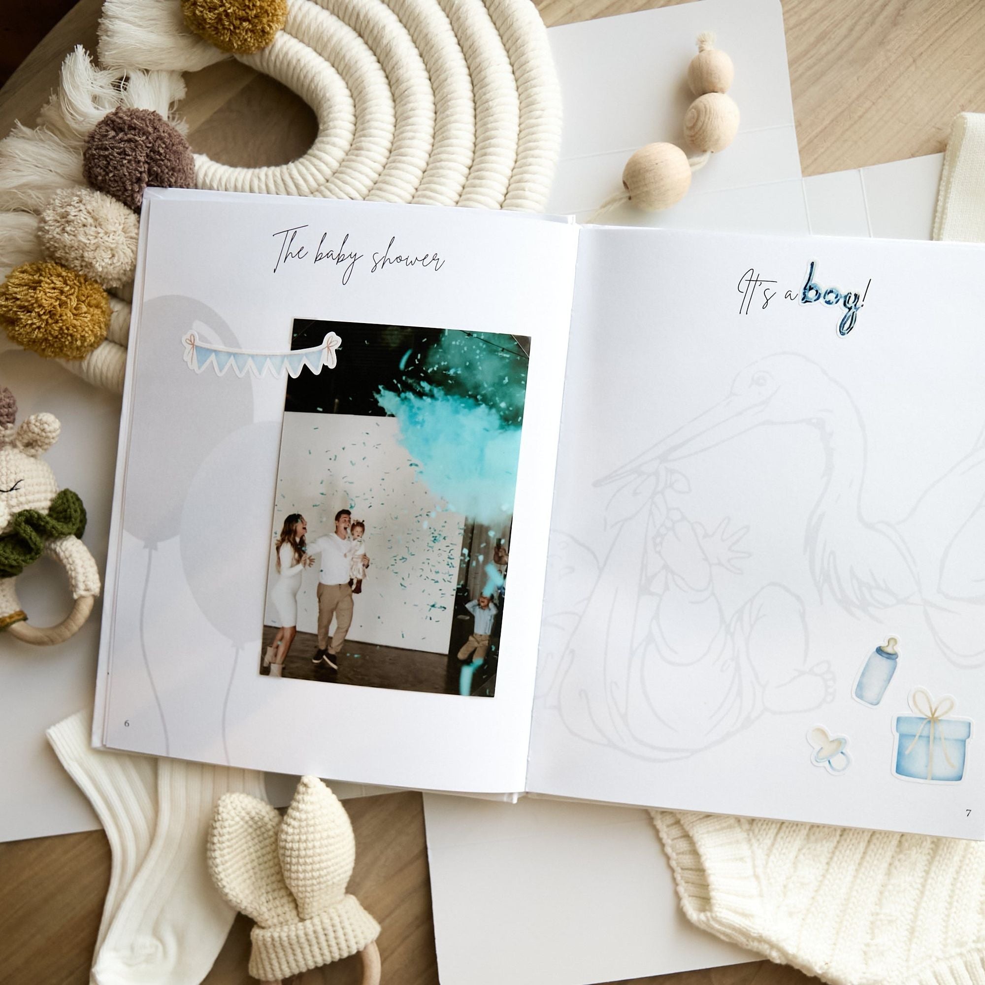Pregnancy diary side view showing gold spine lettering on premium linen cover
