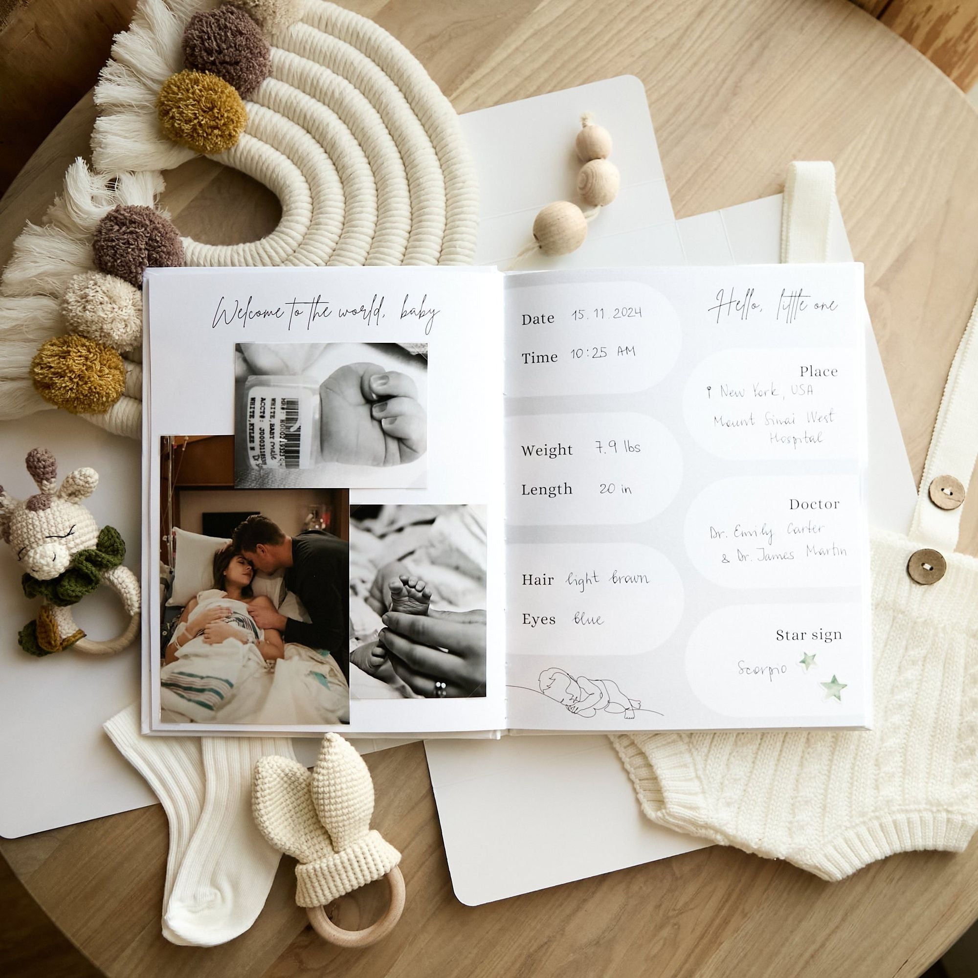 Pregnancy journal and baby memory book set displayed together on soft blanket