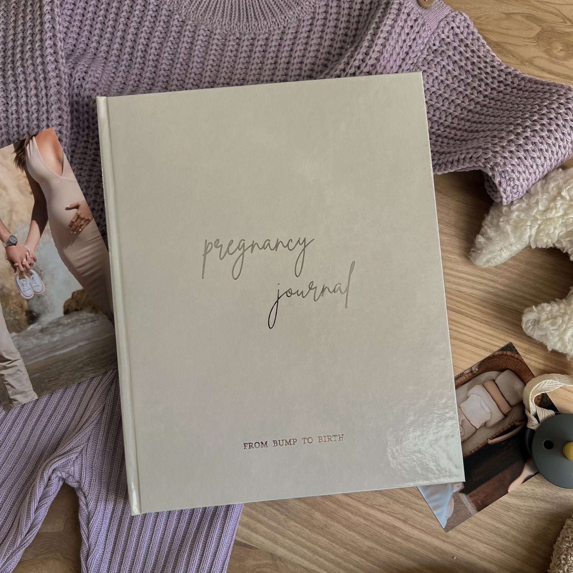 Pregnancy journal cover in beige linen with gold lettering — neutral option