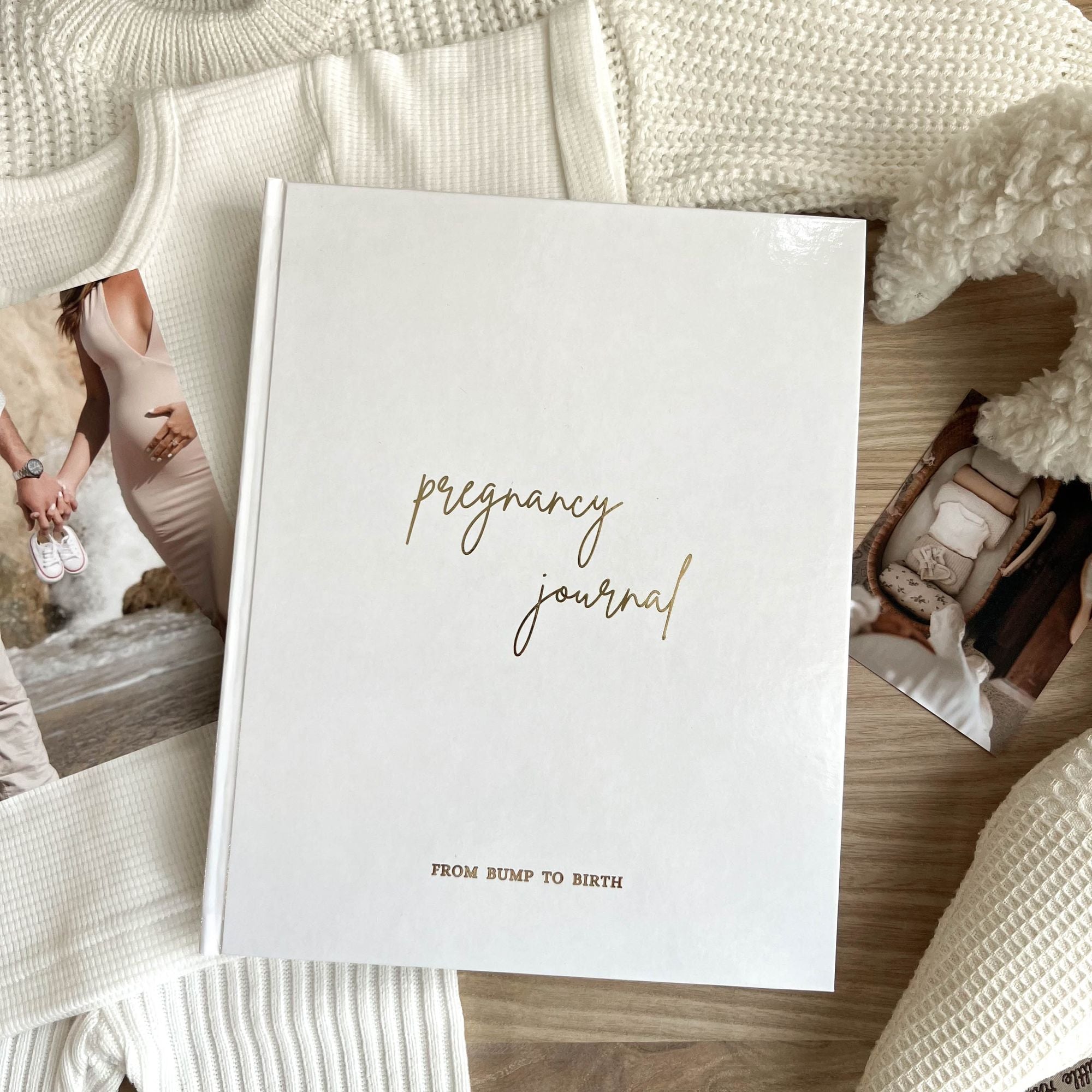 Pregnancy journal cover variant in classic white linen with gold foil title