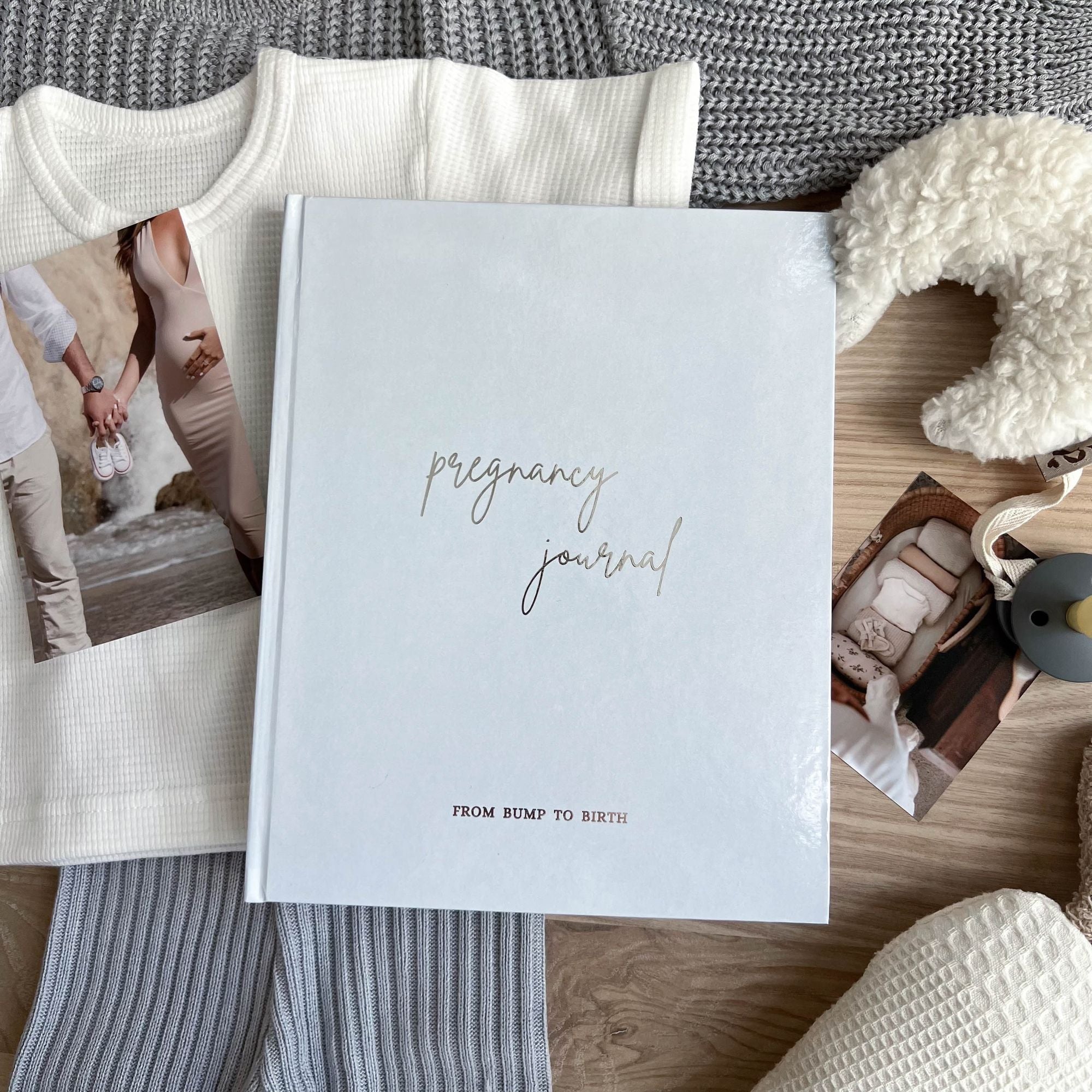 Pregnancy journal cover variant in dusty blue linen — expecting boy edition