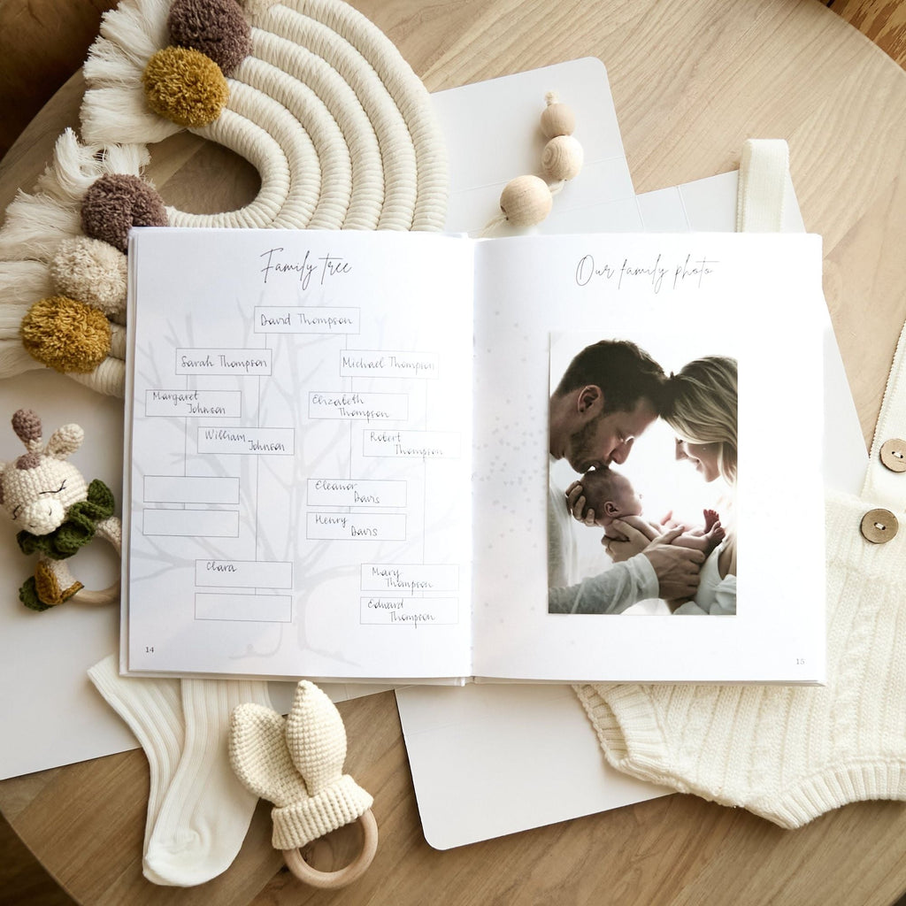 Pregnancy journal flat lay styled with dried flowers and maternity accessories