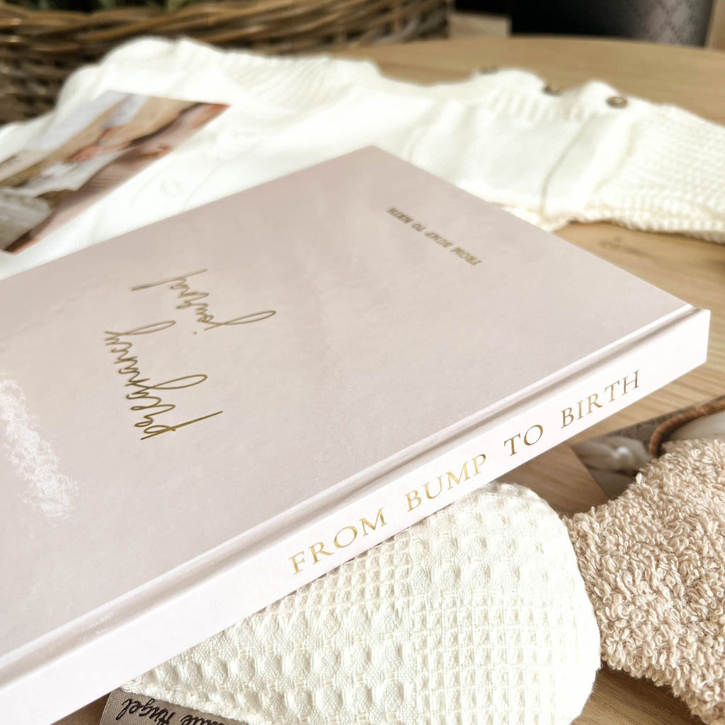 Pregnancy journal in linen gift box — perfect gift for expecting first-time mom