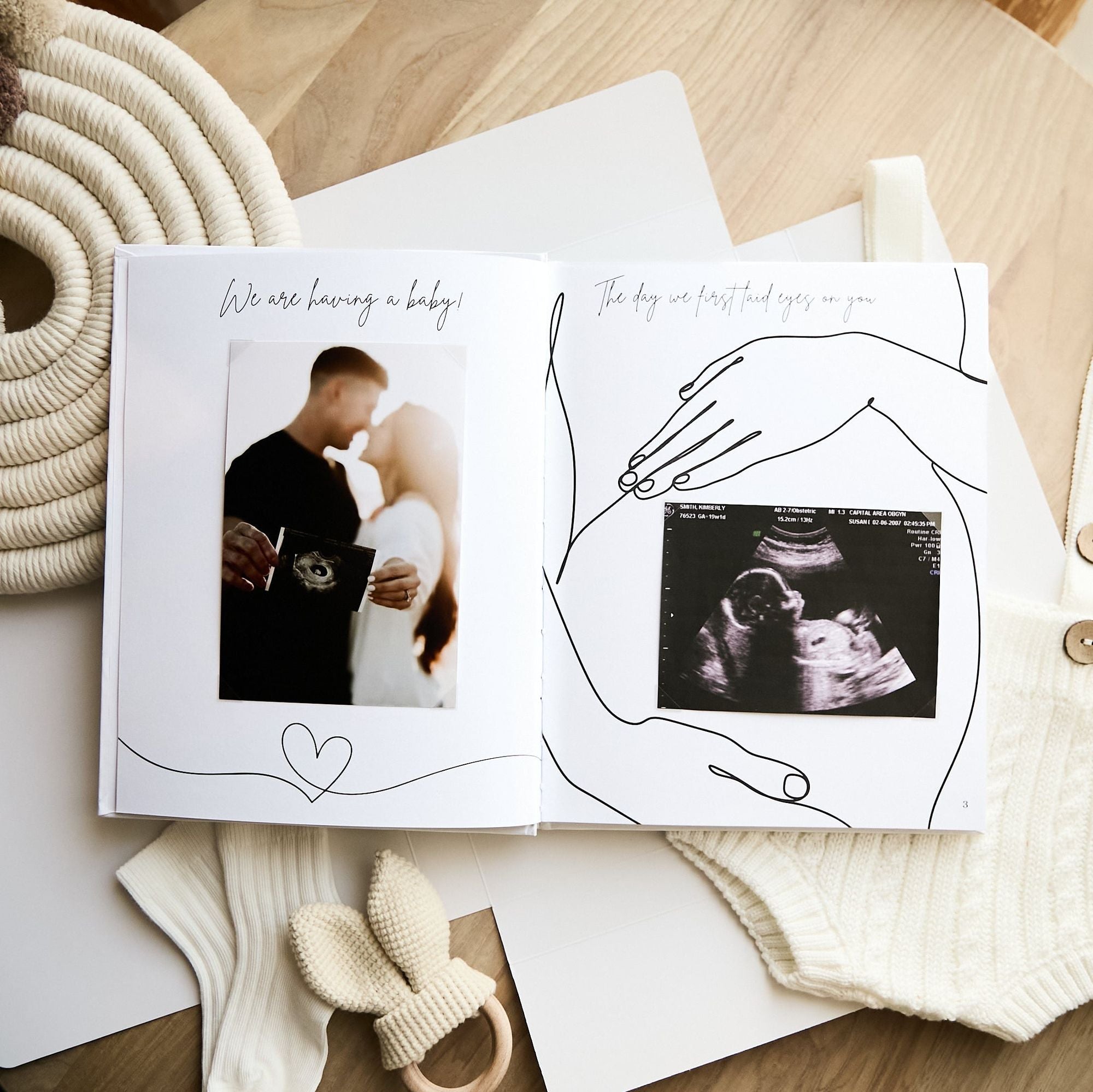 Pregnancy journal interior with ultrasound photo pocket and letter to baby page