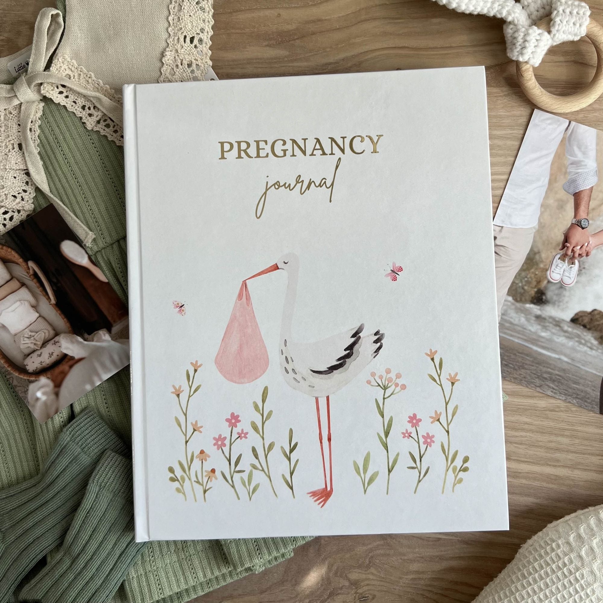 Pregnancy journal pink cover with bird design — expecting girl keepsake edition