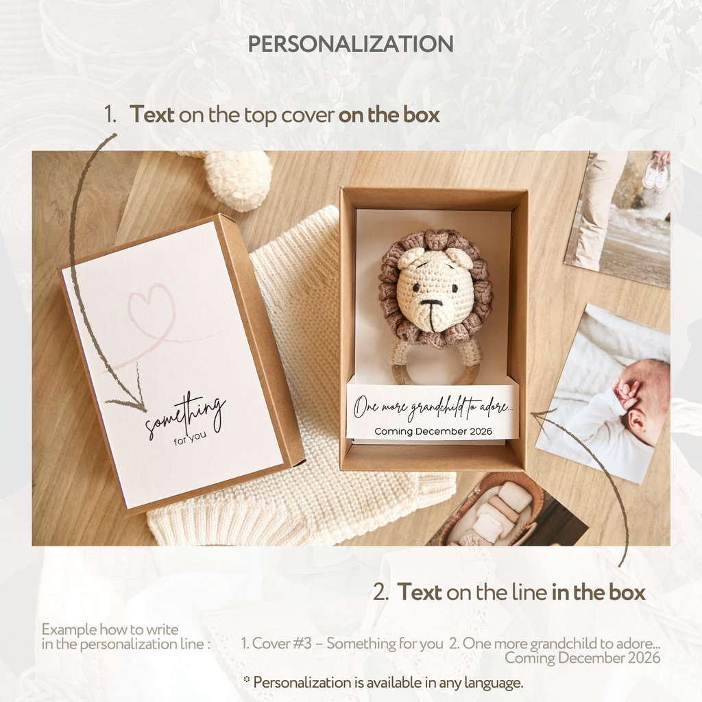 Pregnancy reveal gift box contents layout showing all included keepsake items
