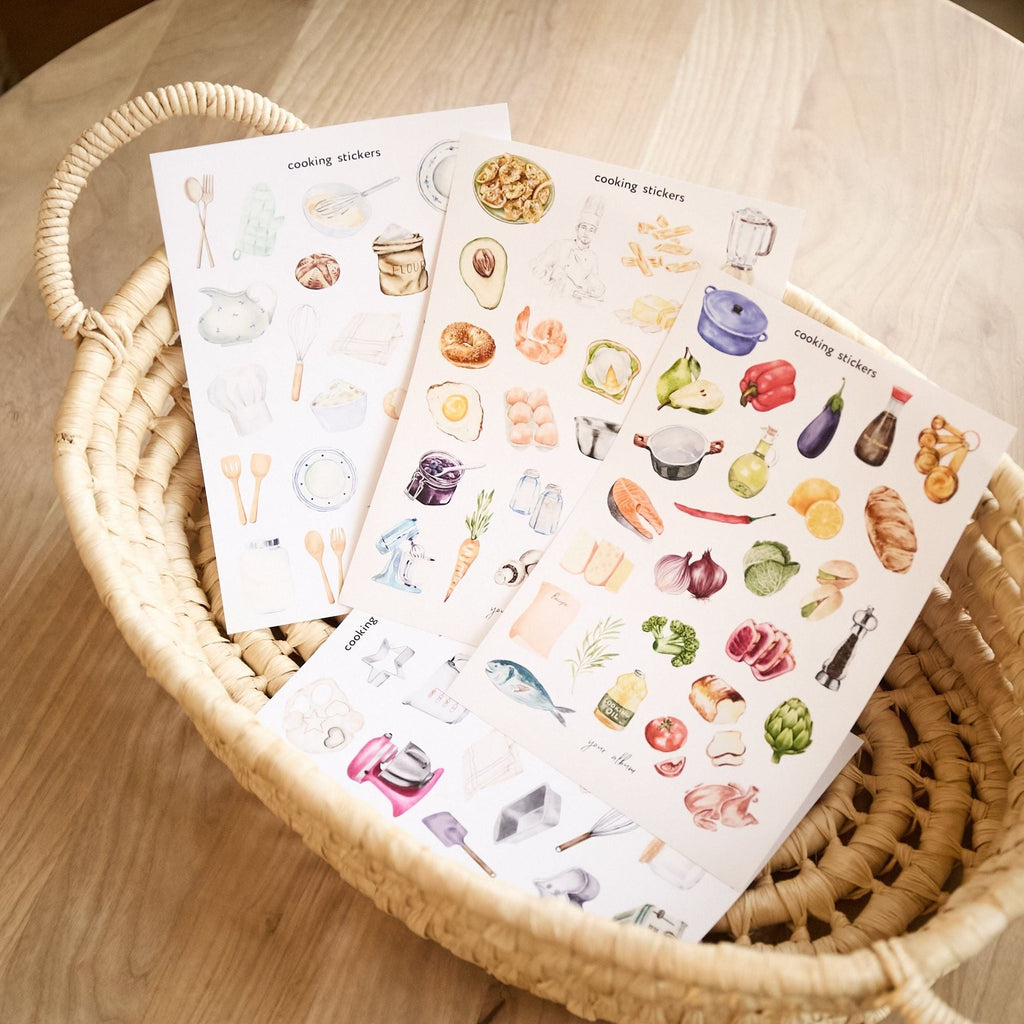 Recipe book stickers applied on journal page showing kitchen-themed decorations