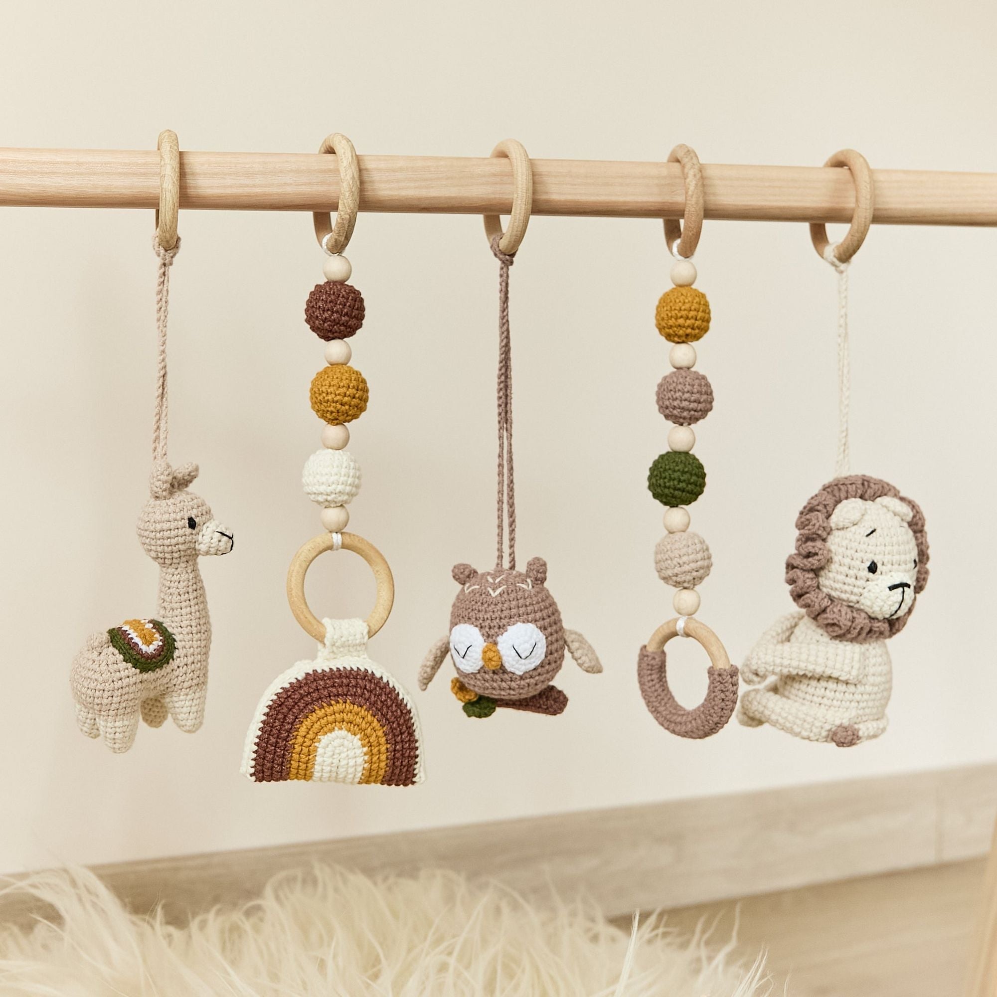 Side angle of wooden baby play gym showing full frame height and proportions