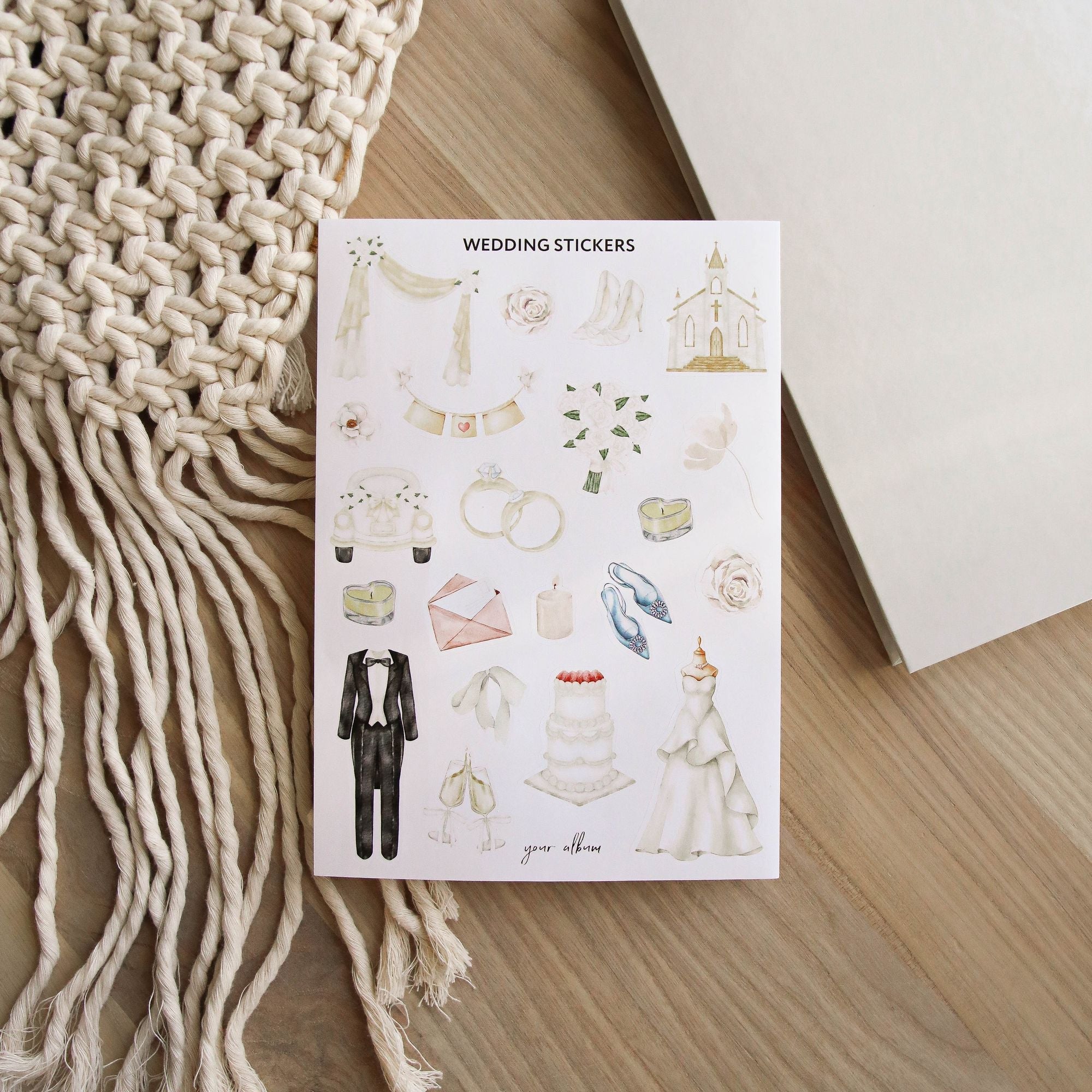 Wedding planner stickers arranged showing engagement and ceremony themed designs