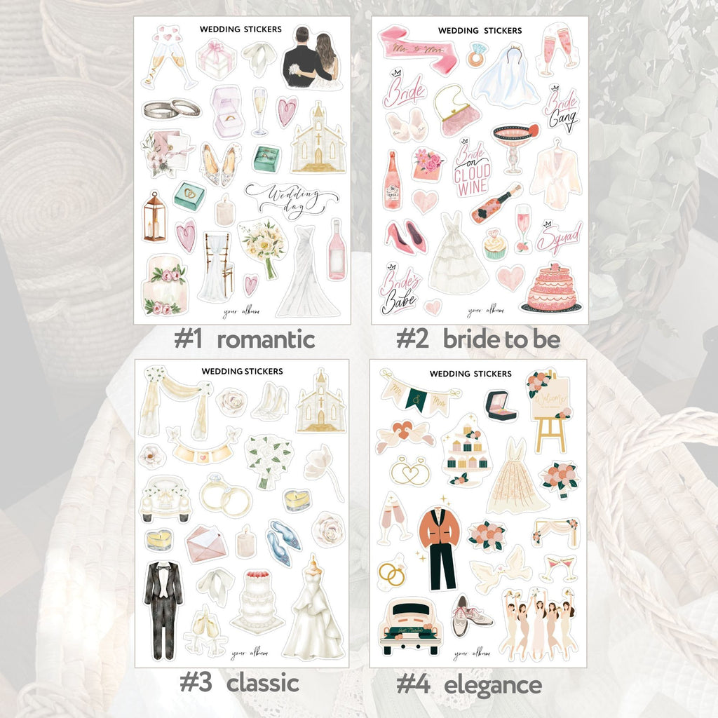 Wedding scrapbook sticker collection infographic — all sheets and design overview