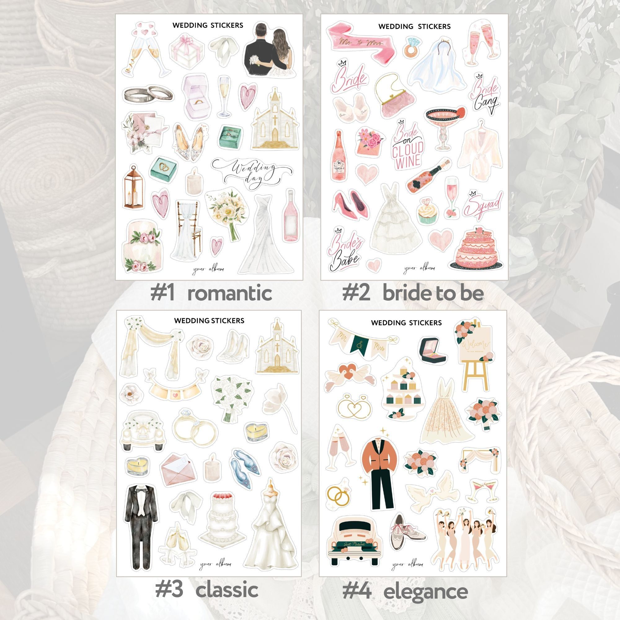 Wedding scrapbook sticker collection infographic — all sheets and design overview