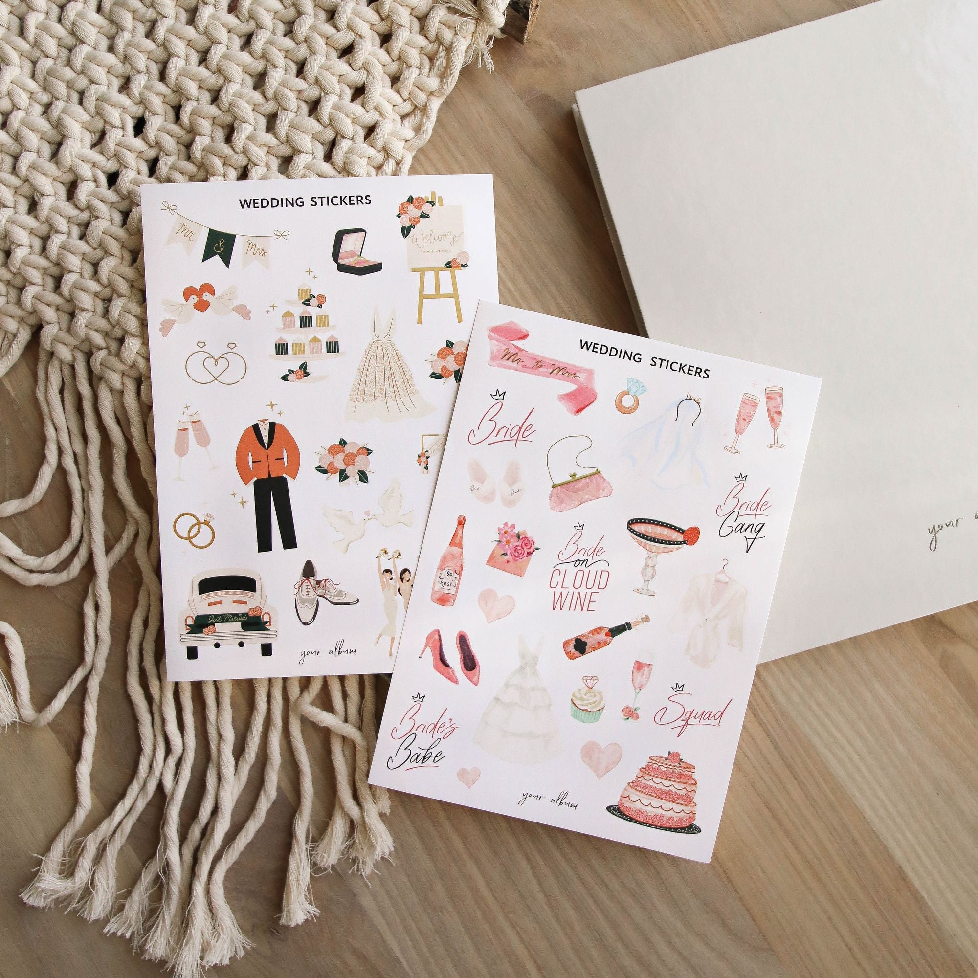 Wedding stickers flat lay styled on white marble with rose and ring props