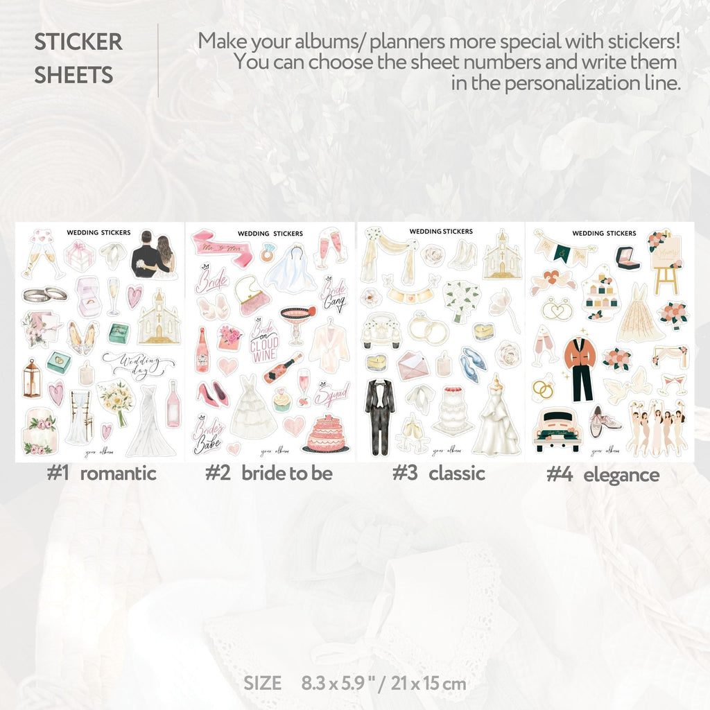 Wedding stickers product guide infographic showing all included sheet contents