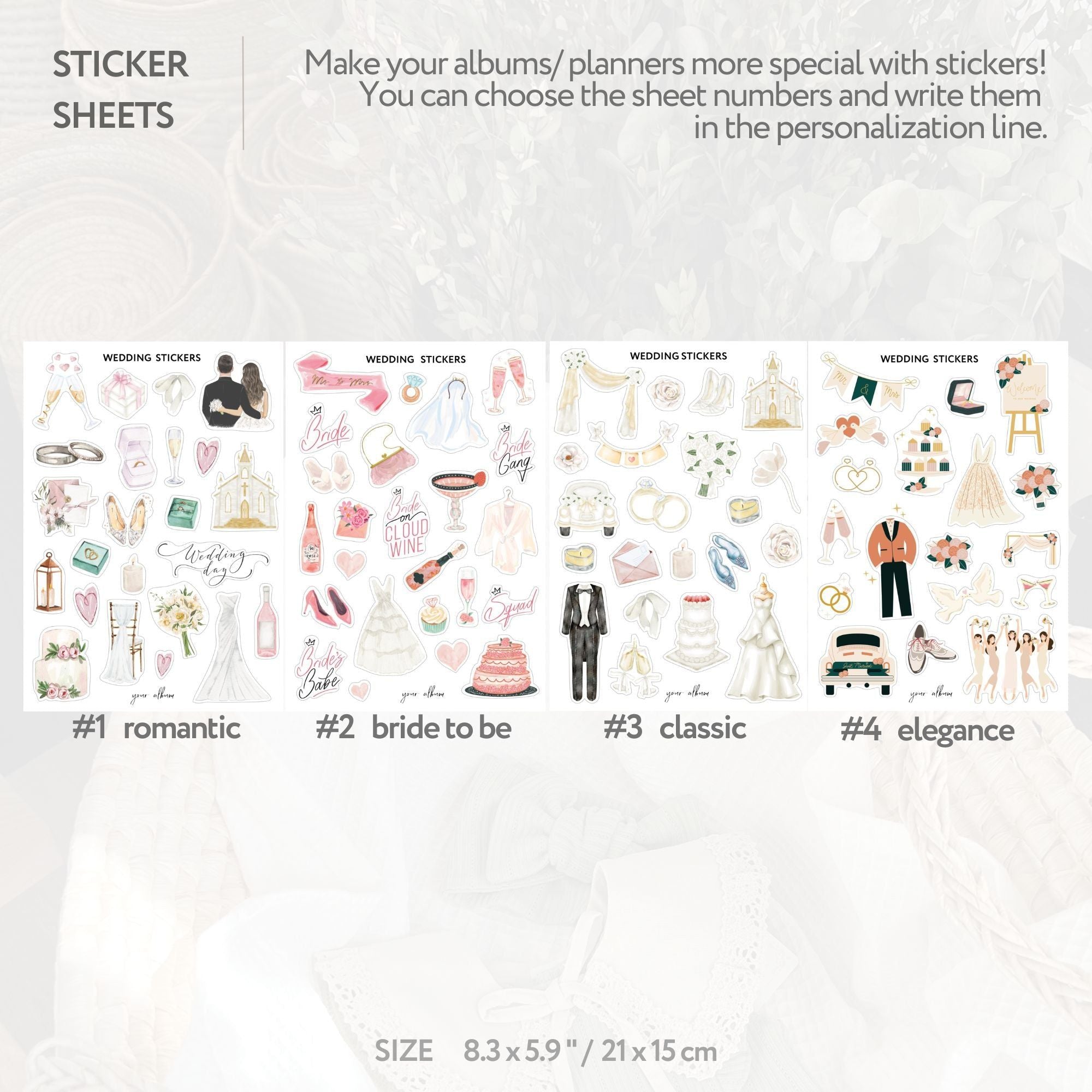 Wedding stickers product guide infographic showing all included sheet contents