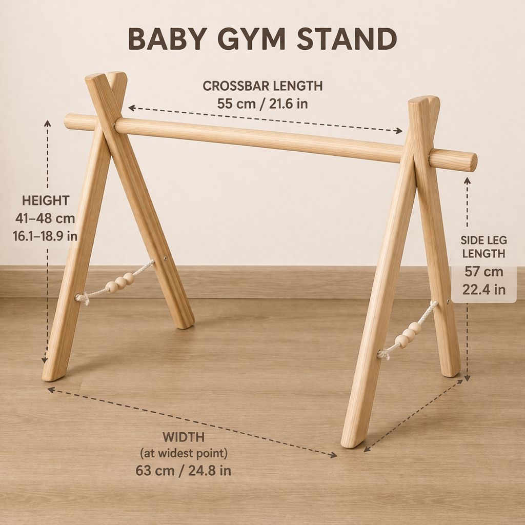 Wooden baby activity gym in cozy nursery setting with soft natural light render
