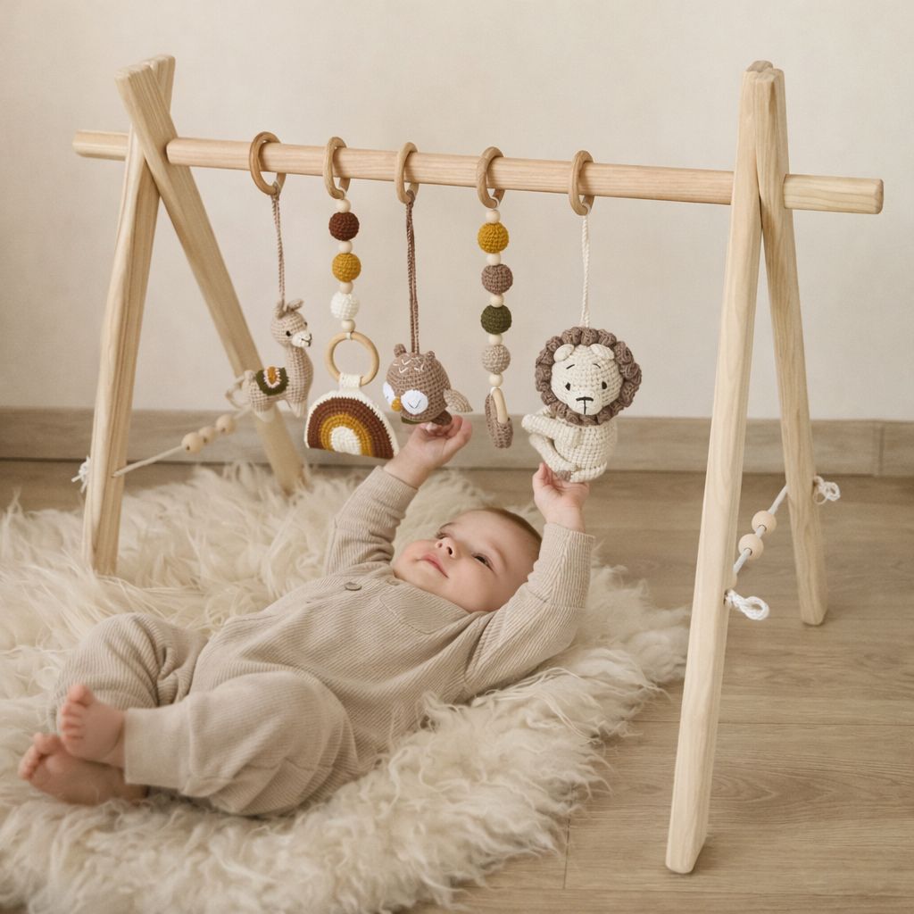 Wooden baby activity gym lifestyle render in gender neutral nursery room