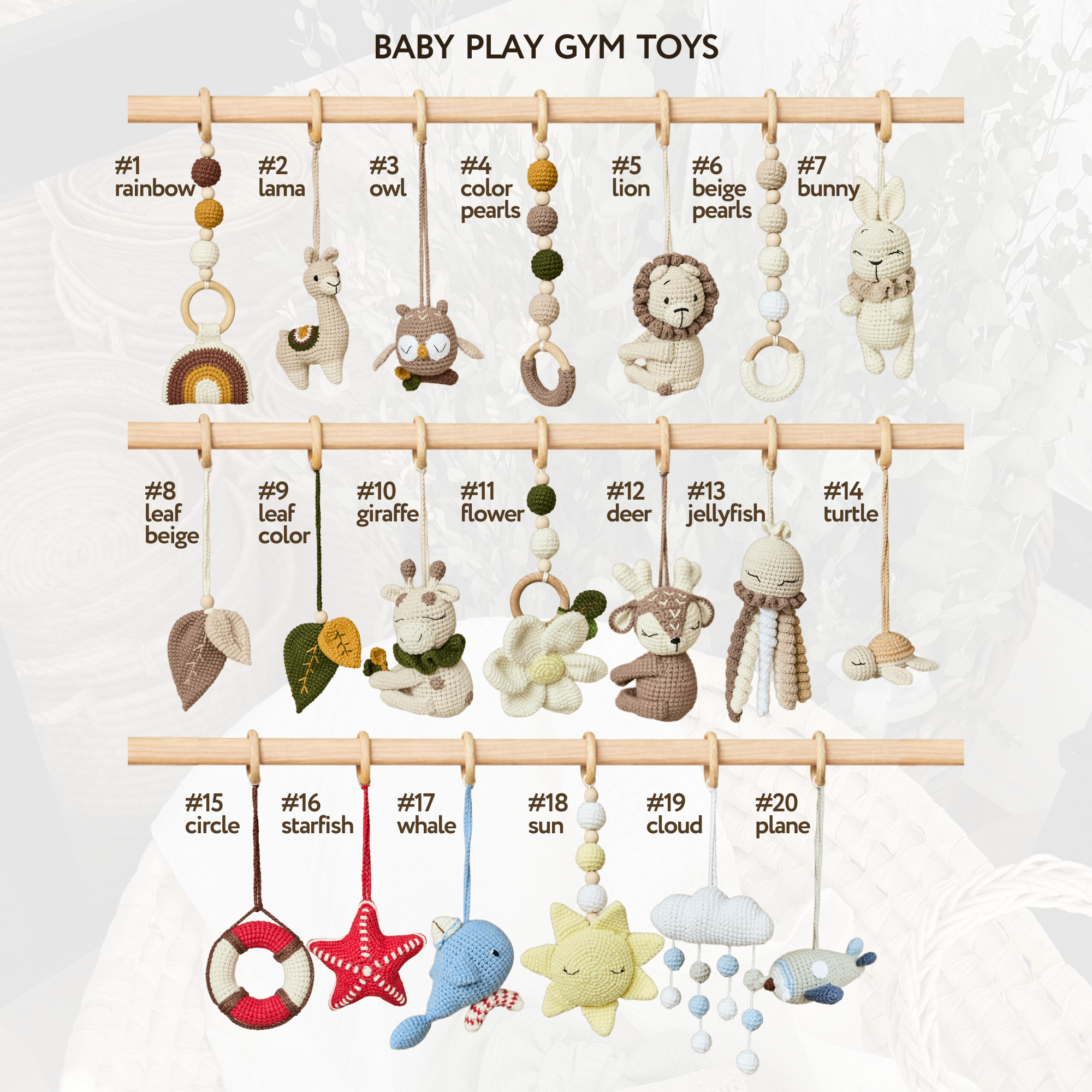 Wooden baby activity gym variant with set of hanging crochet animal toys