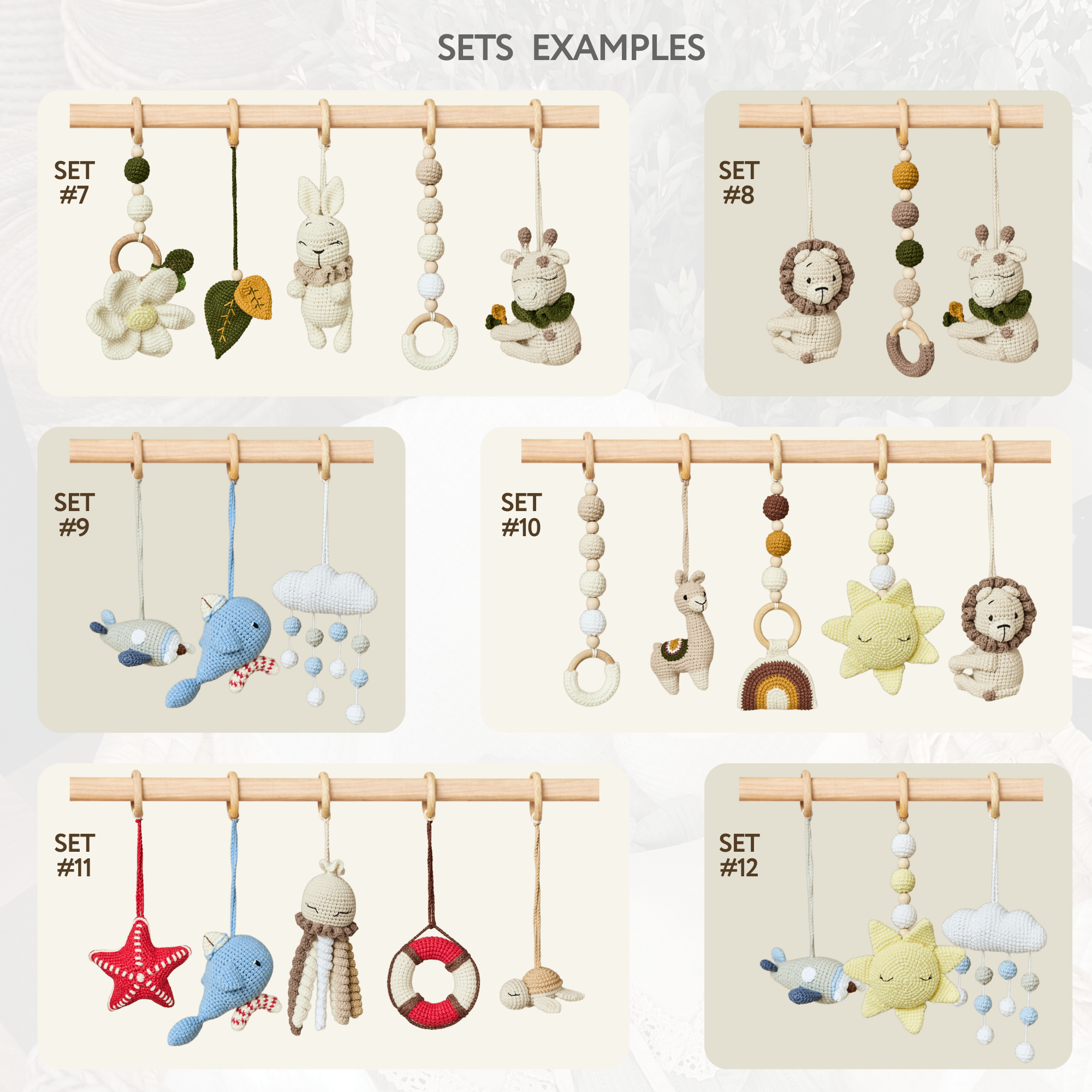 Wooden baby play gym variant with natural crochet toys against white background